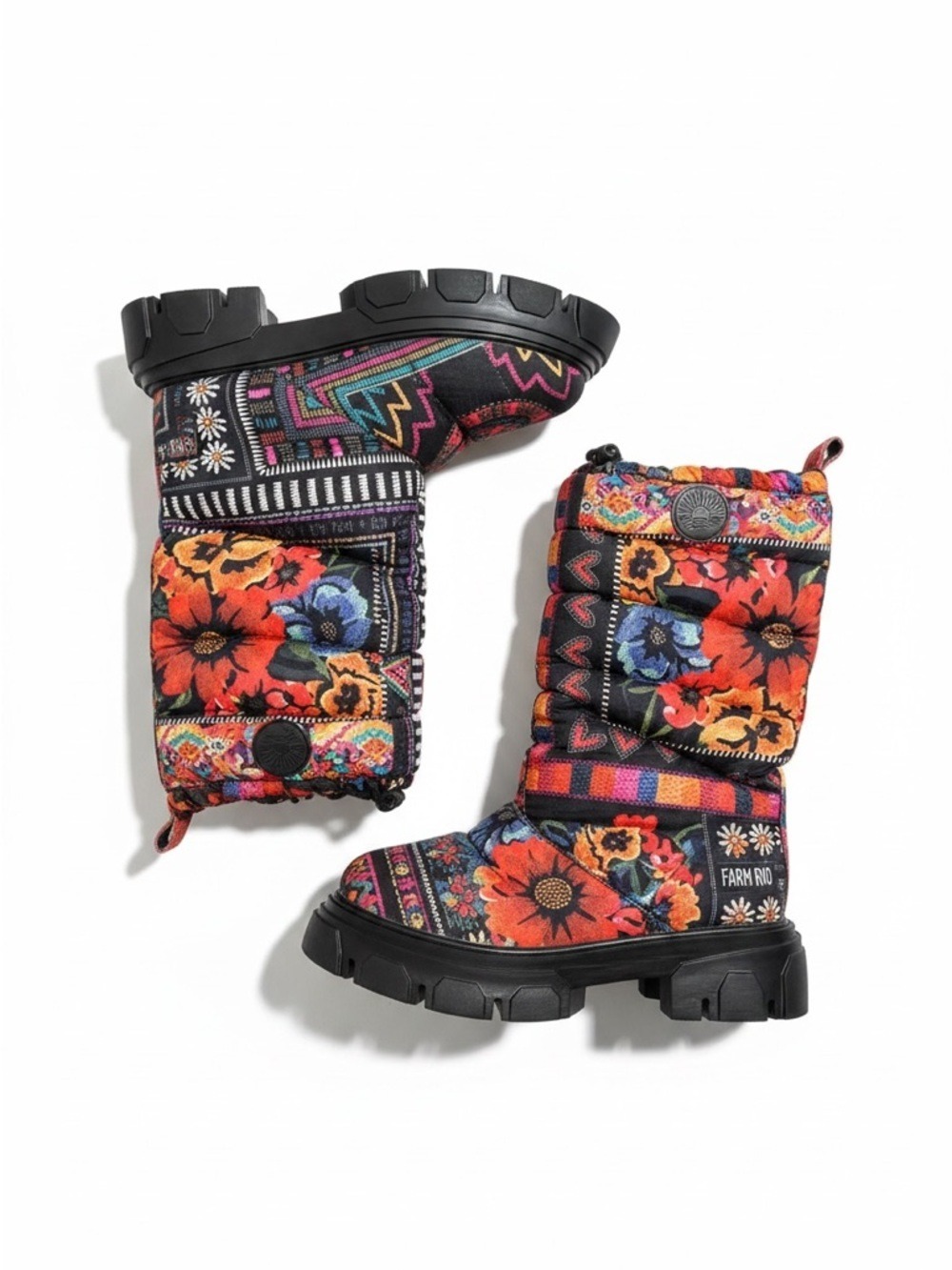 FARM Rio Tall Lug Sole Puffer Boots Black Multi Size 8.5